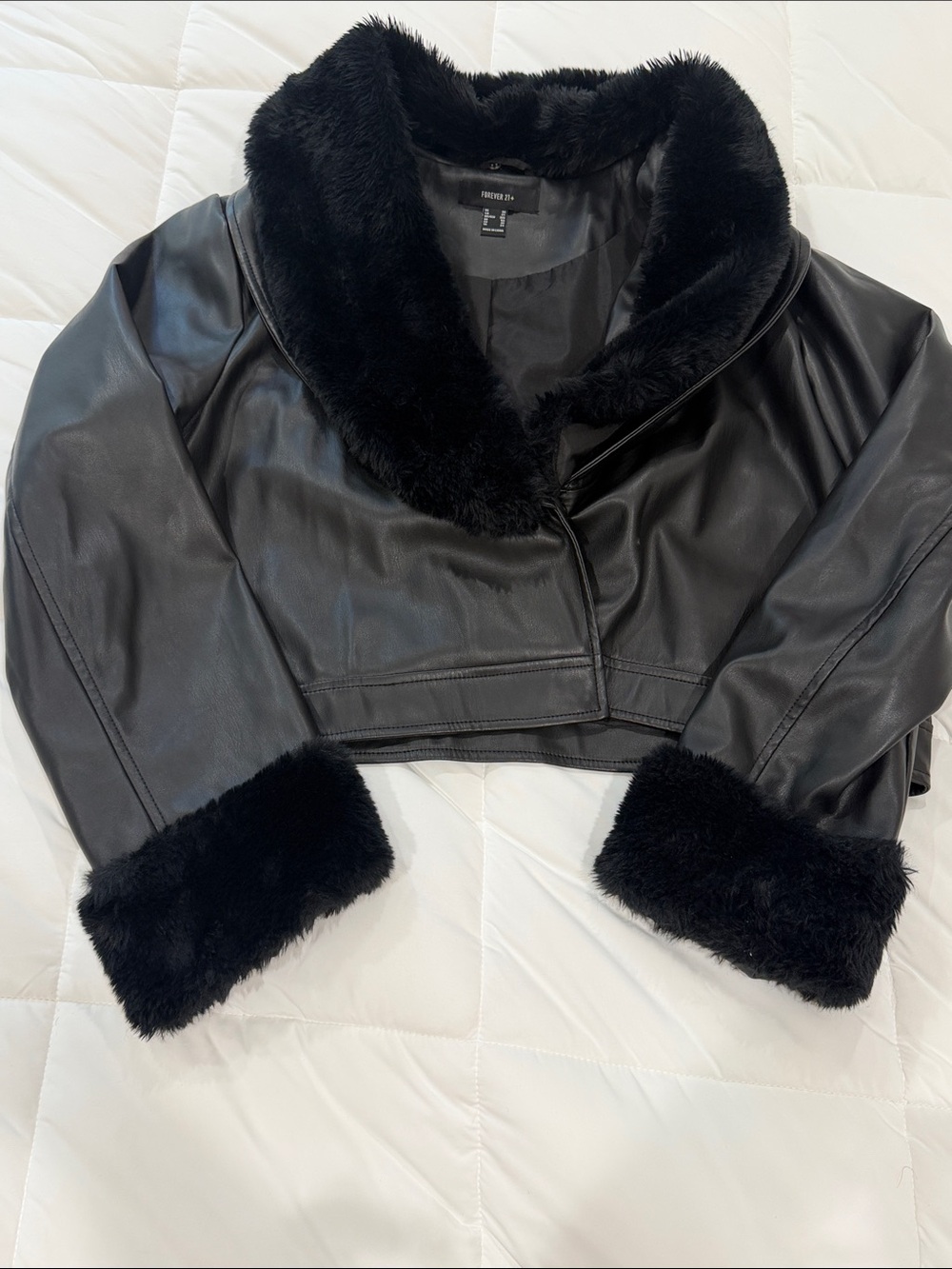 Forever 21 Black Faux Leather Cropped Jacket with Faux Fur Trim